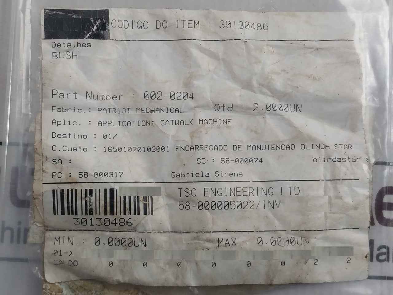 Patriot 002-0204 Bush For Catwalk Machine