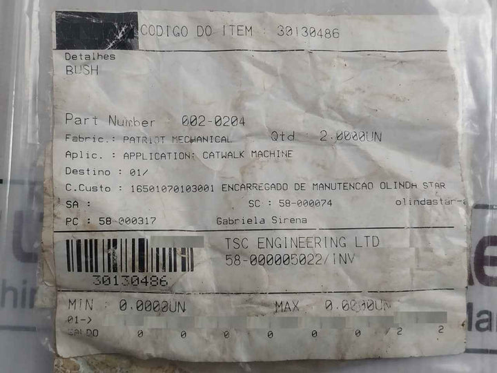 Patriot 002-0204 Bush For Catwalk Machine