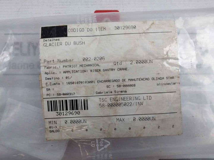 Patriot Mechanical 002-0206 Bushing For Riser Gantry Crane