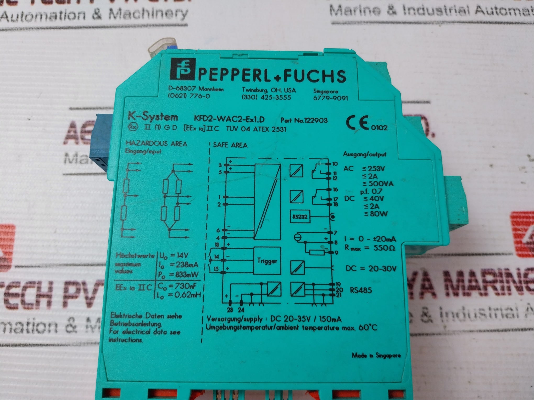 Pepperl+Fuchs K-system Kfd2-wac2-ex1.D Safety Barrier Dc 20-35V/150Ma