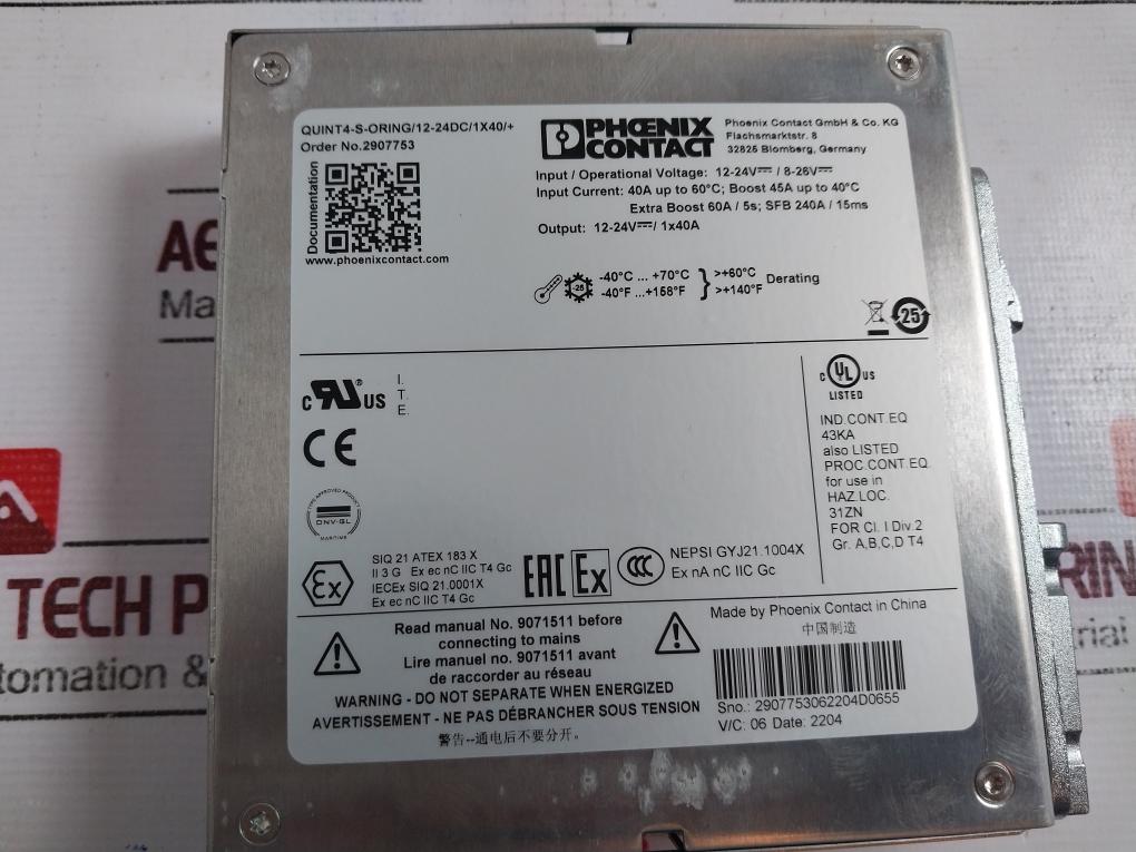 Phoenix Contact 2907753 Quint4-s-oring Power Supply Unit 12-24V 8-26V 40A