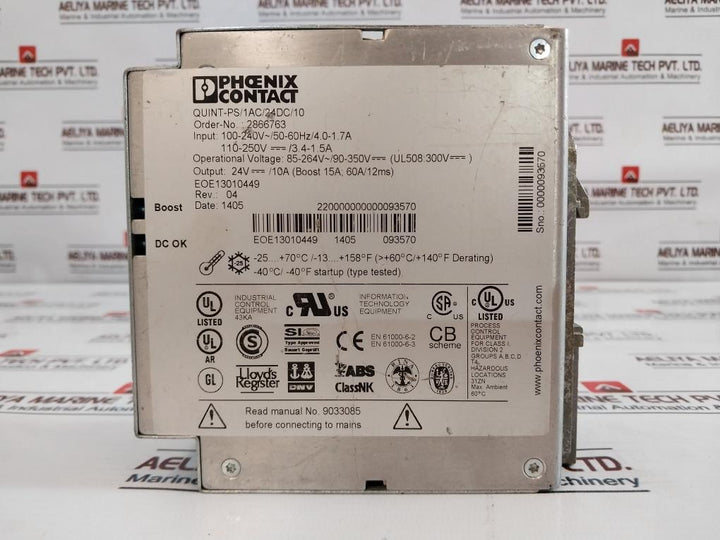 Phoenix Contact Quint-ps/1Ac/24Dc/10 Power Supply Unit 100-240V/50-60Hz/4.0-1.7A
