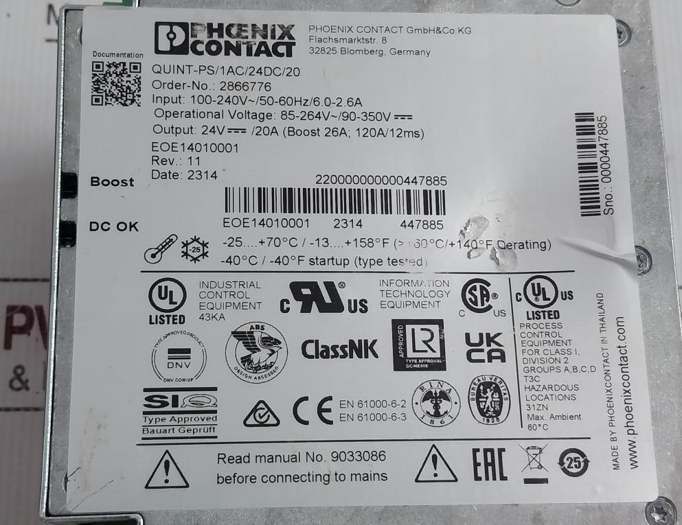 Phoenix Contact 2866776 Power Supply Ac 100-240V 50-60Hz 6.0-2.6A 50151665-001