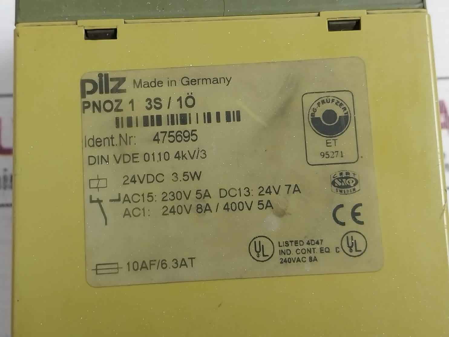 Pilz Pnoz 1 3S/1O Safety Relay 24Vdc 3.5W Din Vde 0110 4Kv/3