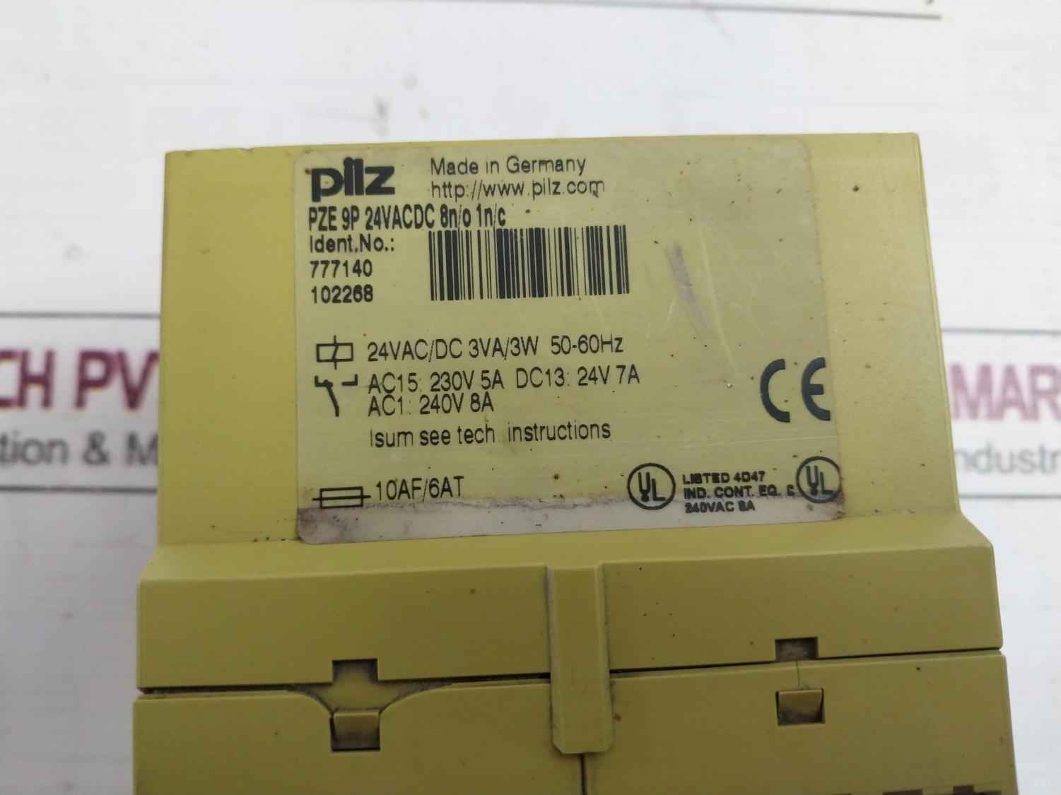 Pilz Pze 9P 24Vacdc 8N/O 1N/C Safety Relay 24Vac/Dc 3Va/3W 50-60Hz