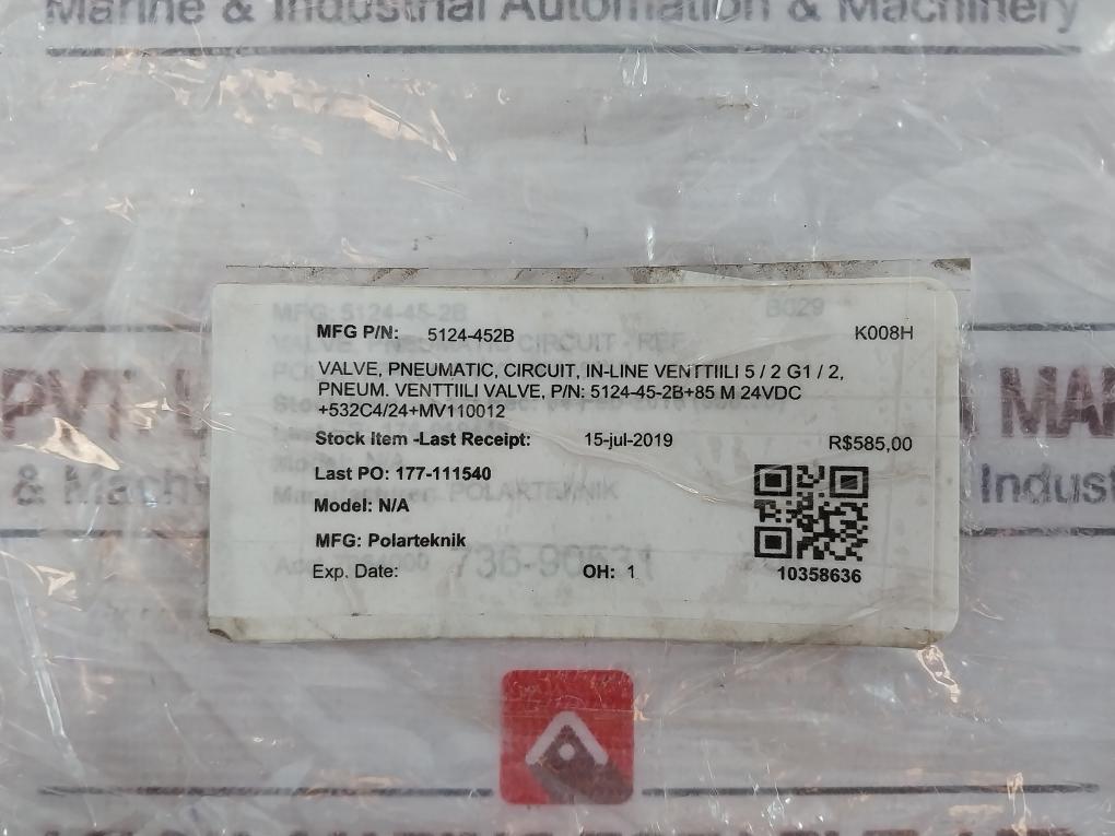 Pimatic 5124-45-2b Pneumatic Valve 24vdc 12bar In-line Venttilli 5/2