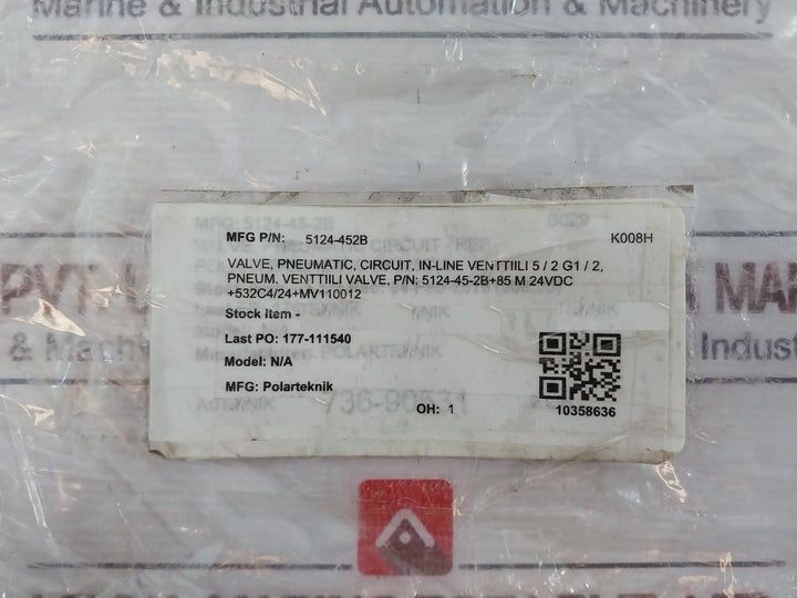 Pimatic 5124-45-2b Pneumatic Valve 24vdc 12bar In-line Venttilli 5/2