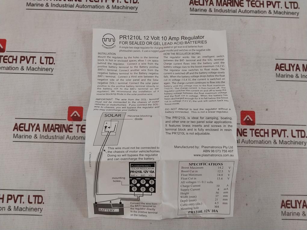 Plasmatronics Pr1210L Solar Regulator 10Amp 12V 8440 14.2 V