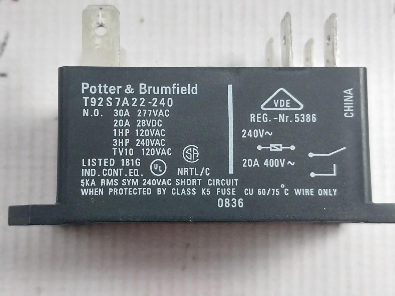 Potter & Brumfield T92S7A22-240 Power Relay 20A 400V