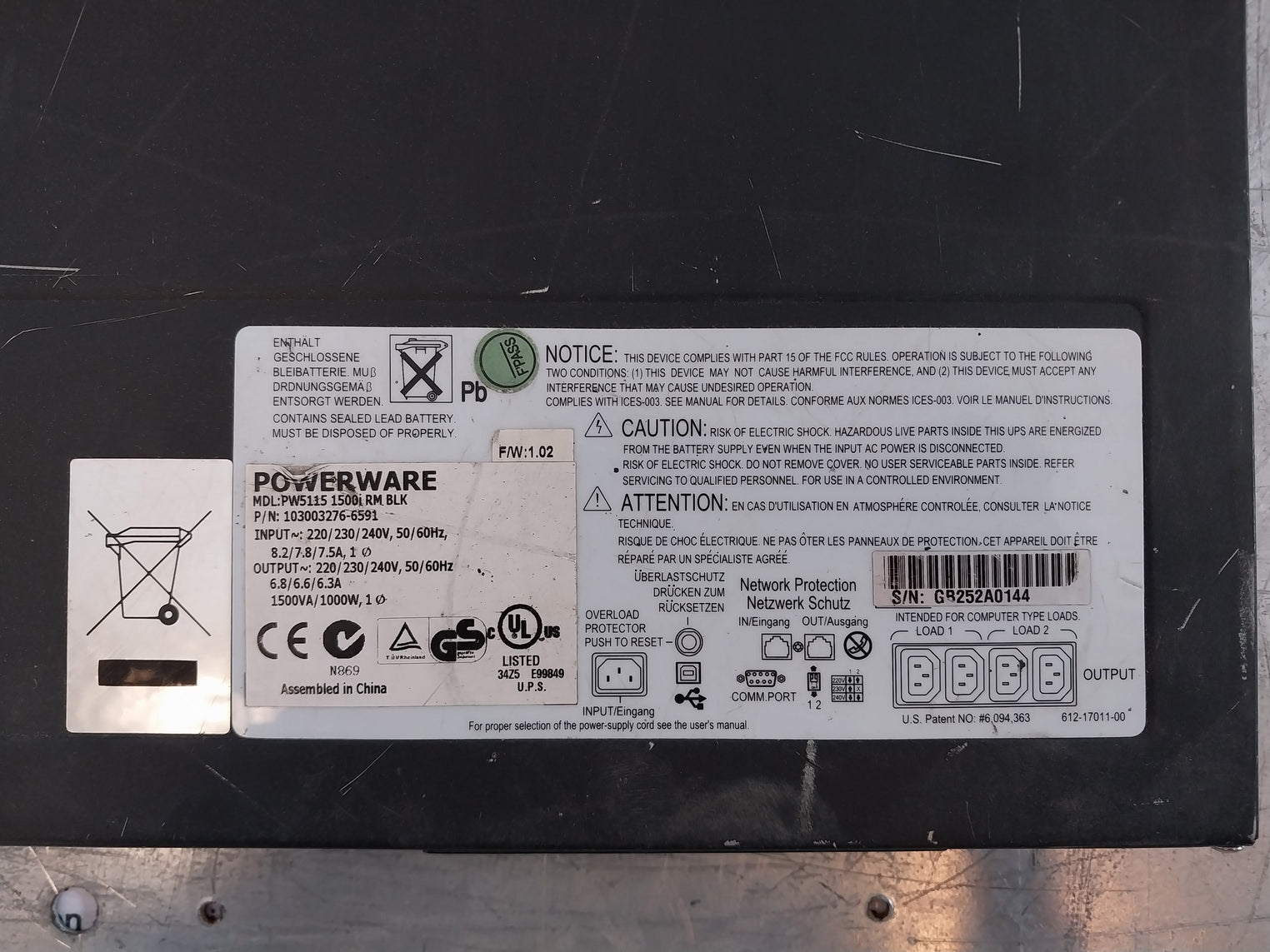 Powerware Pw5115 1500I Rm Blk Rackmount Ups Power 103003276-6591 220/230/240V