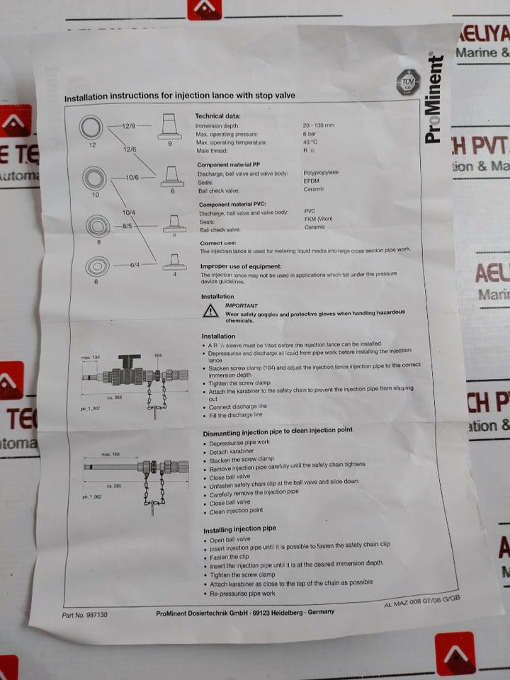 Prominent 1021529 Injection Lance W/ Stopvalve 1/2