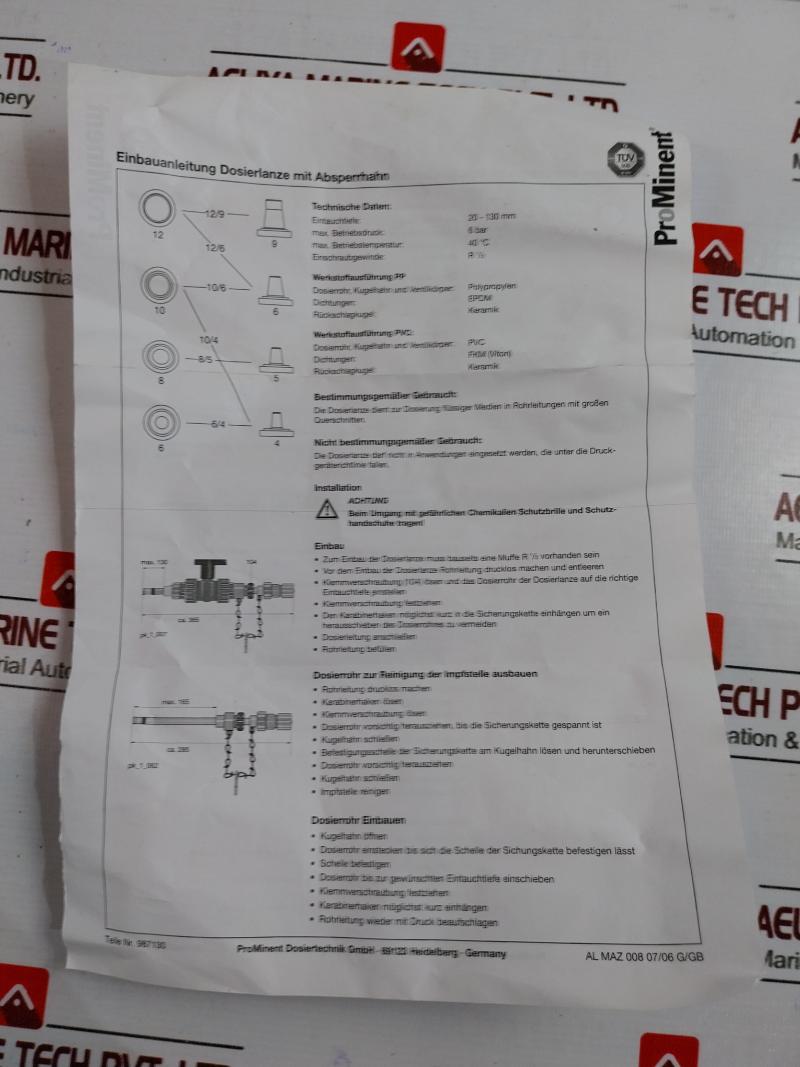 Prominent 1021529 Injection Lance W/ Stopvalve 1/2"