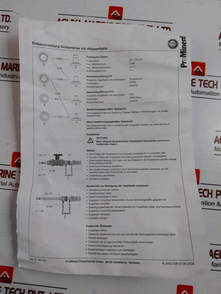 Prominent 1021529 Injection Lance W/ Stopvalve 1/2