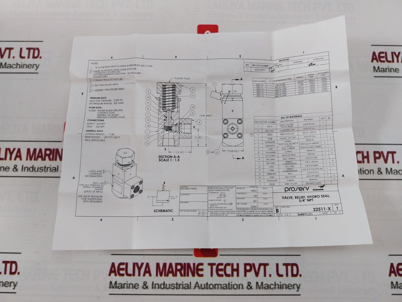 Proserv 18100-003B Relief Valve Repair Kit 22511-1 Rk Rev: T 500-1250 Psi