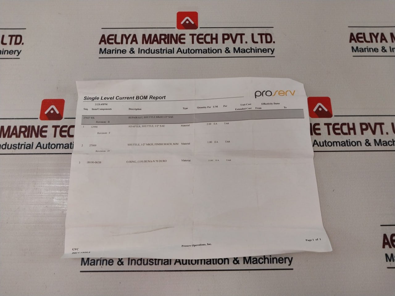 Proserv 27027 Rk Shuttle Valve Repair Kit 2711899-21 Rev .D