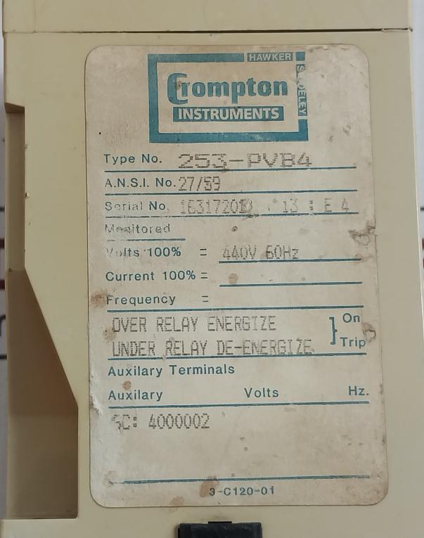 Protector Trip Relay 253-pvb4 Crompton 440V 60Hz