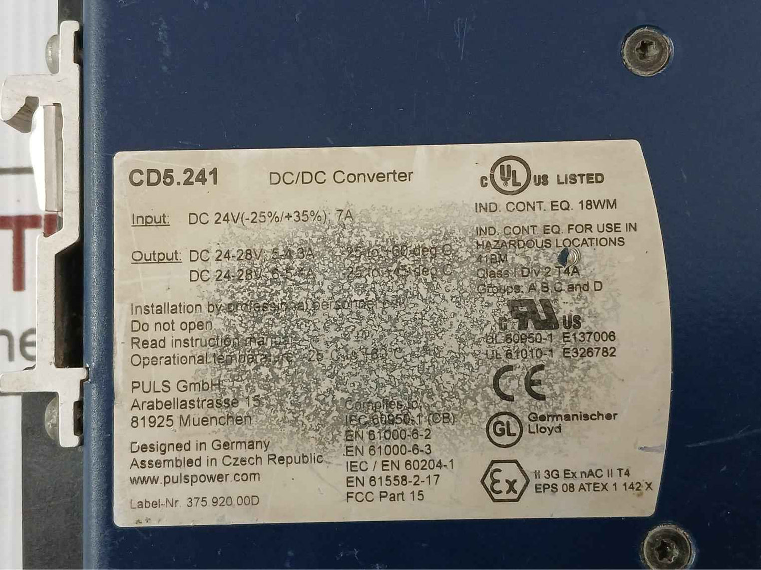 Puls Cd5.241 Dc/Dc Converter Iec 60950-1(Cb) -25 To +60 Deg C