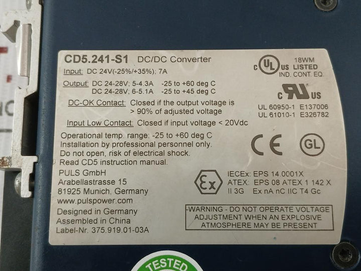Puls Dc/Dc Converter Dc 24V Cd5.241-s1