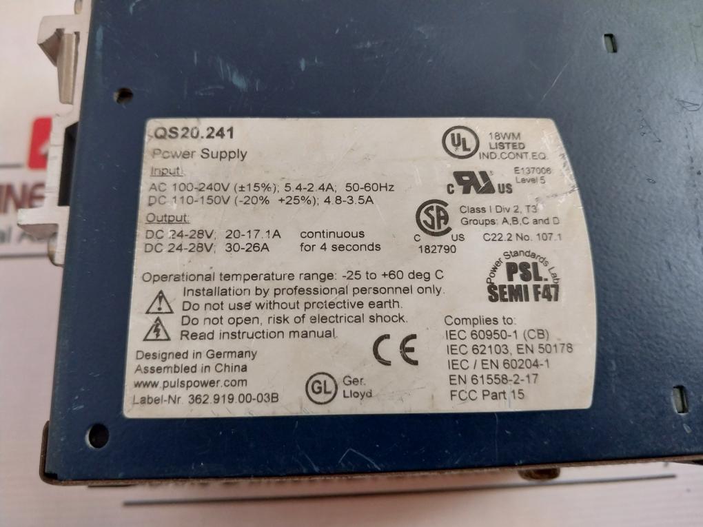 Puls Dimension Qs20.241 Power Supply Dc 24V 480W/720W Ac 100-240V