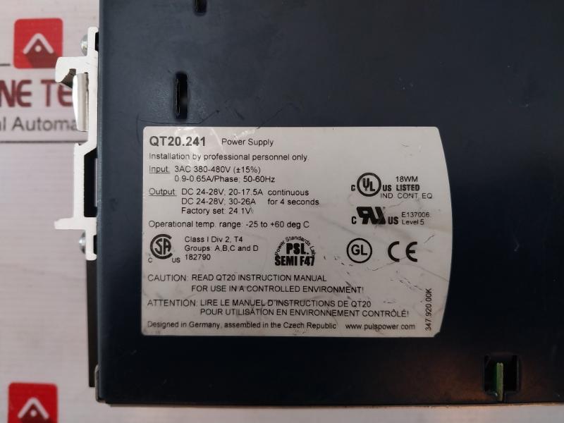 Puls Qt20.241 Power Supply 24V 20A 3Ac Input 380-480V Class I Div 2
