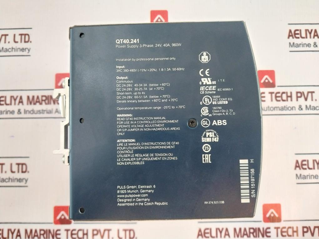 Puls Qt40.241 3-phase Power Supply 24V 40A 3Ac 380-480V 374.920.00B