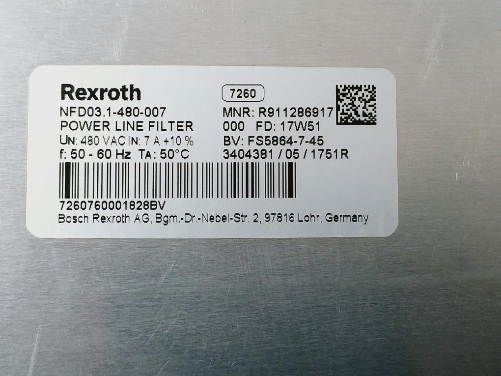 Rexroth Nfd03.1-480-007 Power Line Filter 7A 3Xac480V 50/60Hz 0.7-0.8Nm