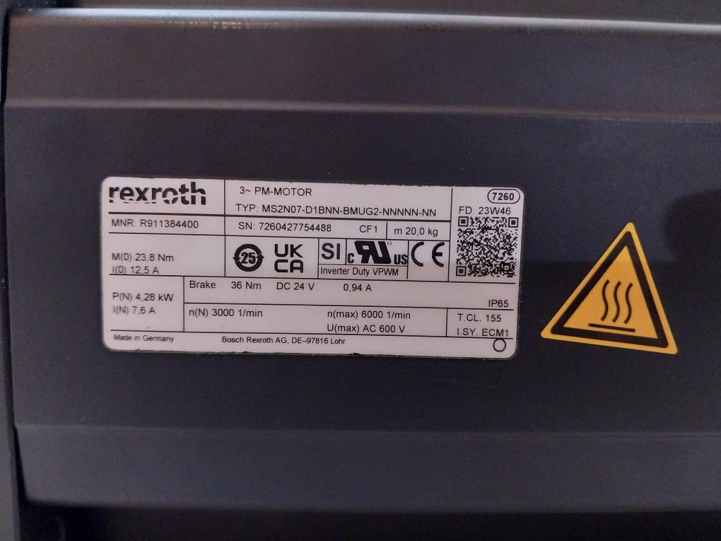 Rexroth Ms2N07-d1Bnn-bmug2-nnnnn-nn 3-phase Servo Motor Dc24V R911384400 Ip65