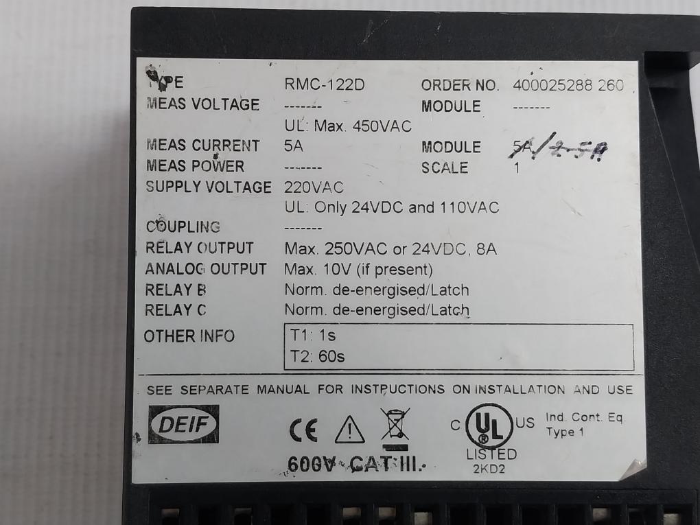 Rmc-122D Deif 5 A 220 V Combined Short Circuit And Over-current Relay