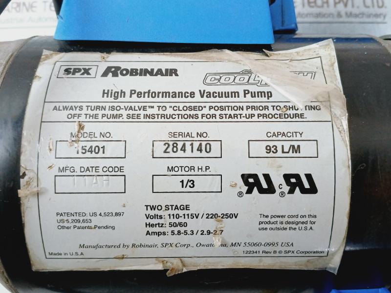 Robinair 15401 High Performance Vacuum Pump C55Jxhje-4071 93 L/M