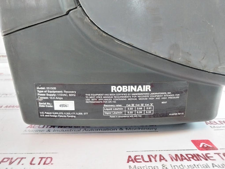 Robinair 25150B High Pressure Recovery Machine 0-800 Psi 0-55 Bar R410A 115Vac