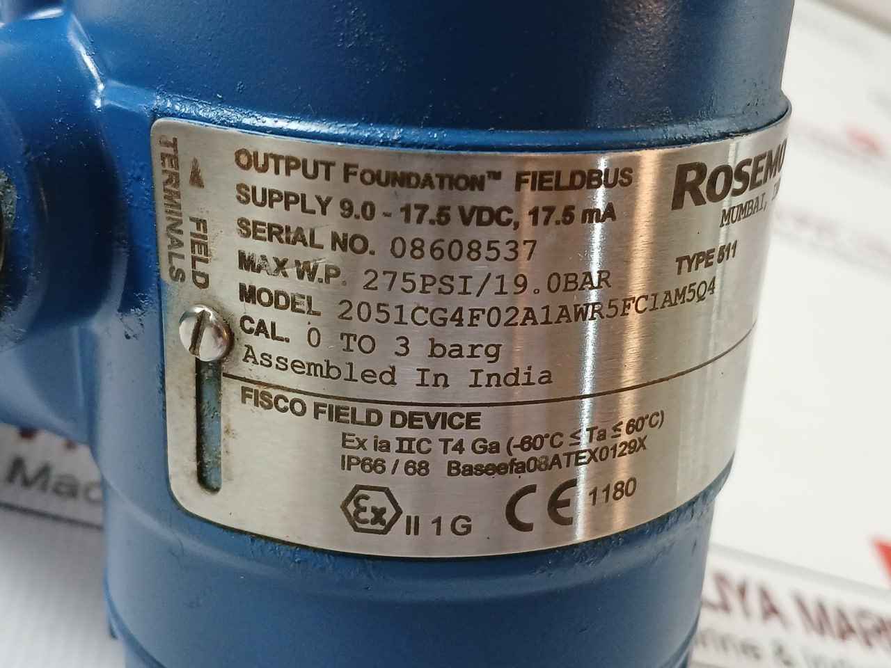 Rosemount 2051Cg4F02A1Awr5Fc1Am5Q4 Pressure Transmitter 275 Psi/19.0Bar