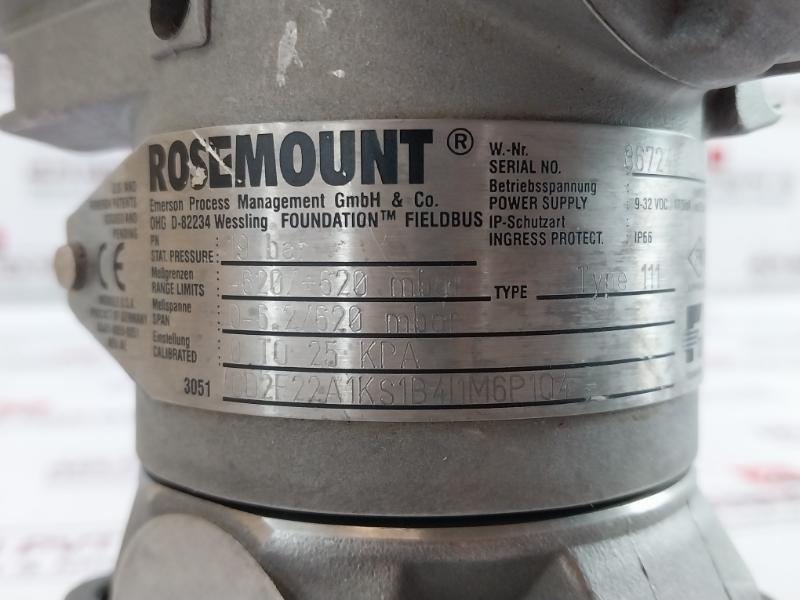 Rosemount 3051 In-line Fieldbus Pressure Transmitter 19Bar Cd2F22A1Ks1B4I1M6P104