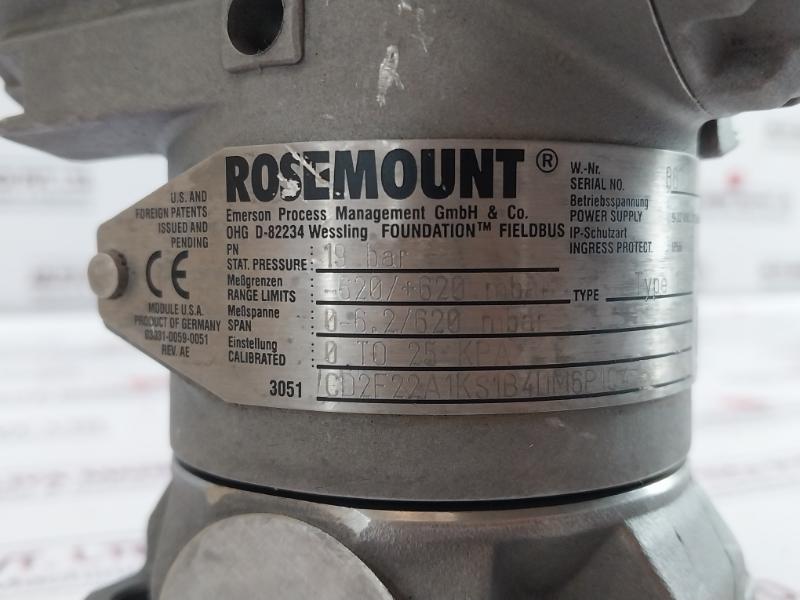 Rosemount 3051 In-line Fieldbus Pressure Transmitter 19Bar Cd2F22A1Ks1B4I1M6P104