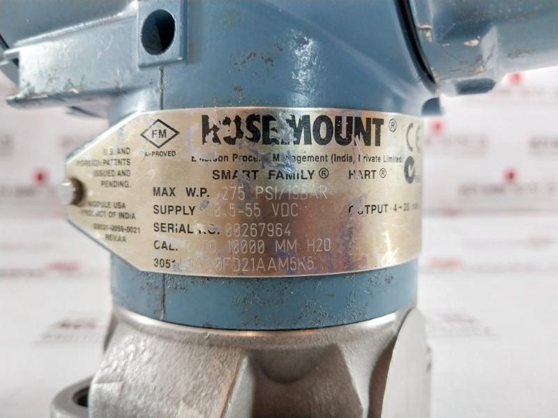 Rosemount 3051 L3Aa0Fd21Aam5K5 Pressure Transmitter 10.5-55 Vdc 0 To 10000 Mm H2O Rev.Aa