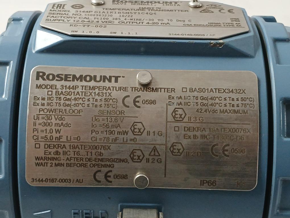 Rosemount 3144P D1A1K1B5M5T1C4Q4 Temperature Transmitter 12.0-42.4 Vdc 4-20 Ma