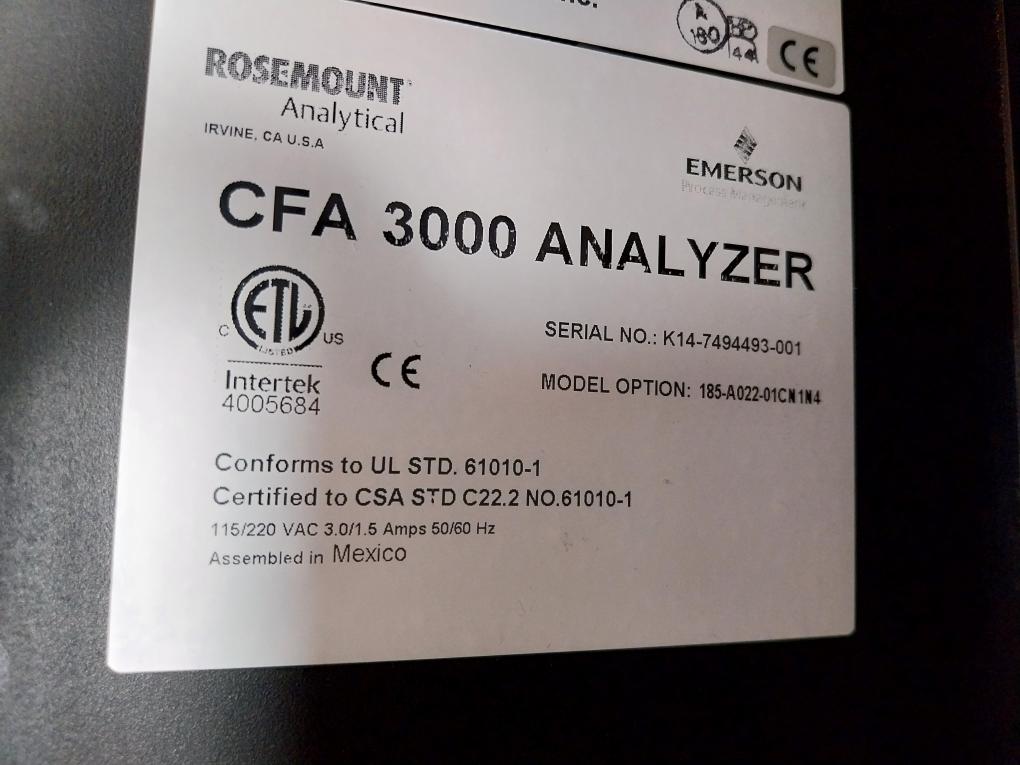 Rosemount Analytical CFA 3000 Sodium Analyzer 115/220VAC 3.0/1.5 Amps 50/60Hz