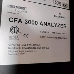 Rosemount Analytical CFA 3000 Sodium Analyzer 115/220VAC 3.0/1.5 Amps 50/60Hz