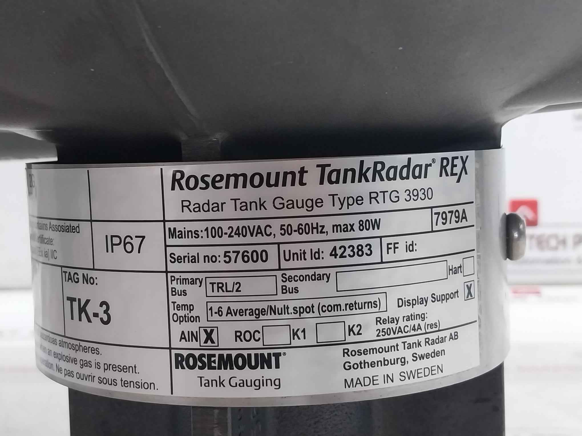 Rosemount Tankradar Rtg 3930 Tank Gauging System 100-240Vac 50-60Hz Ip67 80W