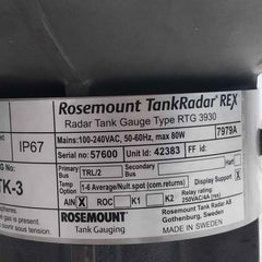 Rosemount Tankradar Rtg 3930 Tank Gauging System 100-240Vac 50-60Hz Ip67 80W