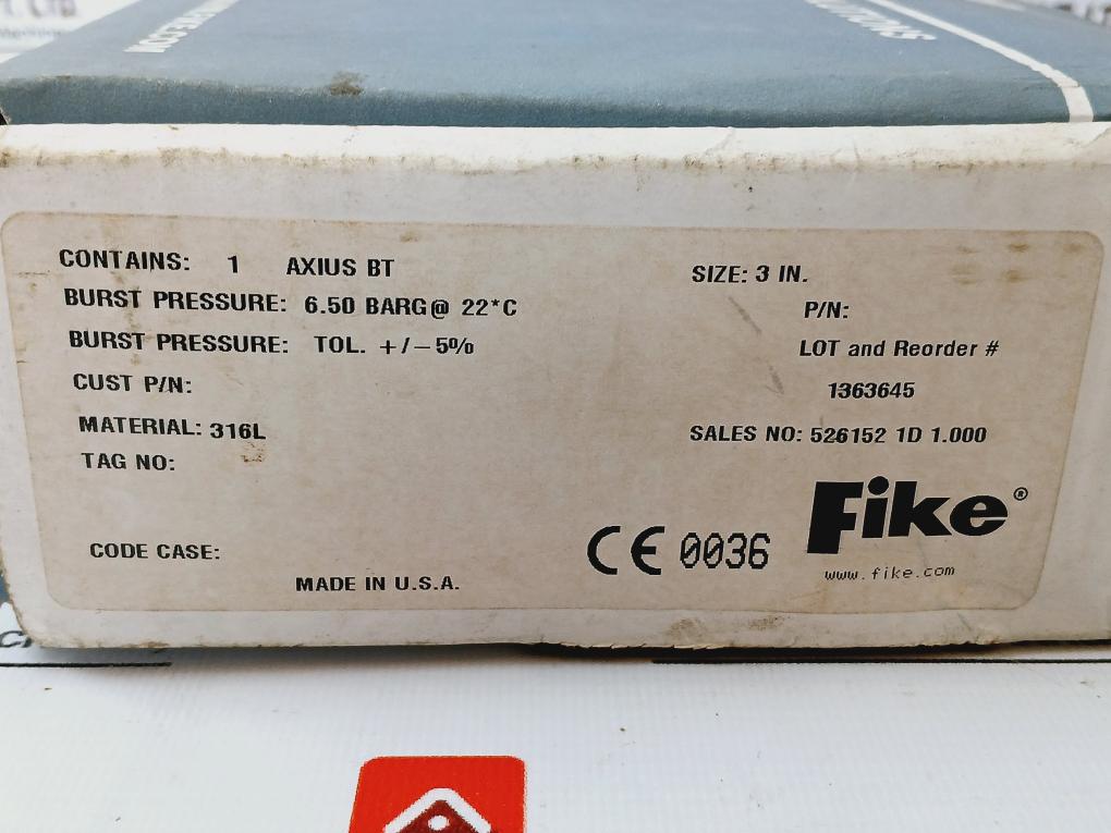 Fike A5179-50 Axius BT Rupture Disc 3" 6.50 BARG at 22°C