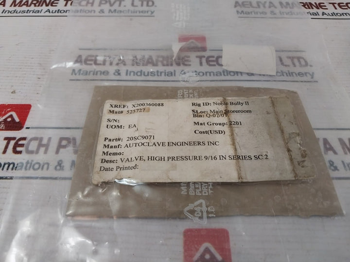 Sami S20V01T03 316L/Ss High Pressure Valve 9/16 In Series Sc2 20Sc9071