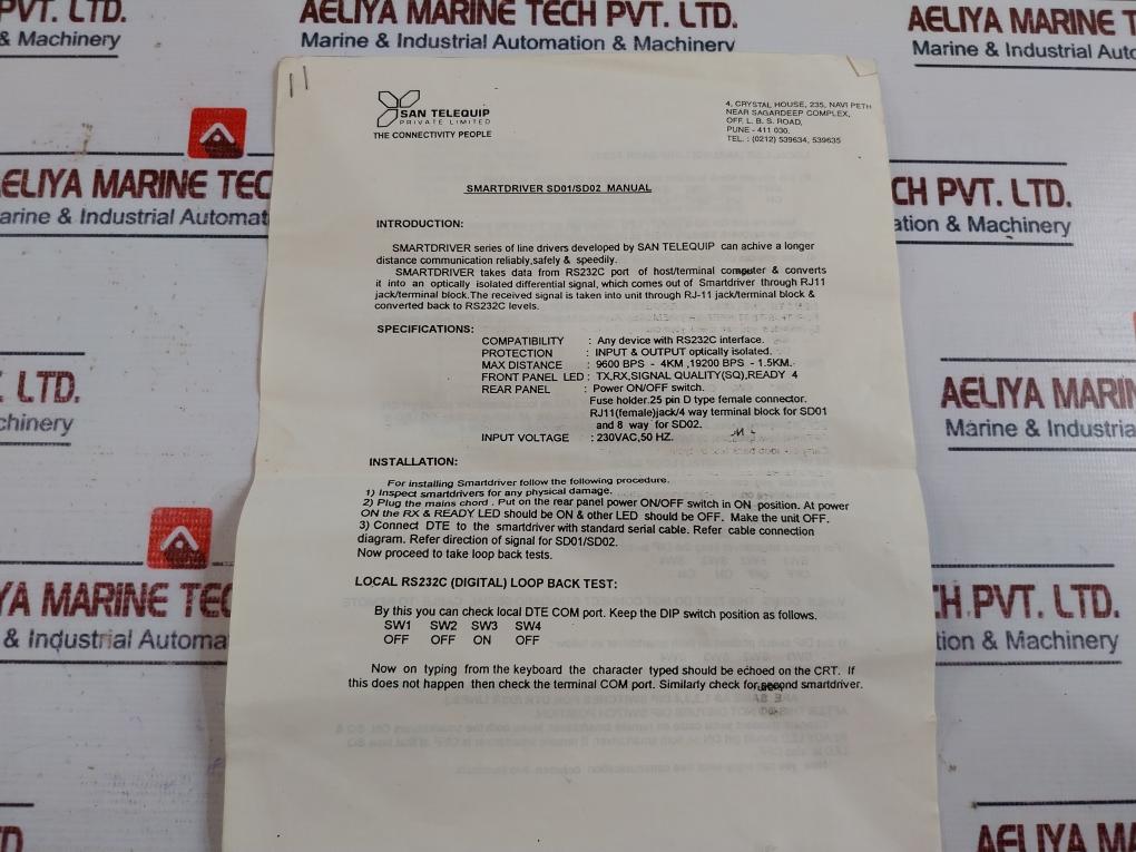 San Telequip CS0000F008903 Ethernet to Fiber Media Converter 230Vac 50Hz