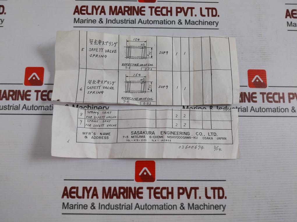 Sasakura 036-0095A Spring And Seat For Safety Valve 71X154