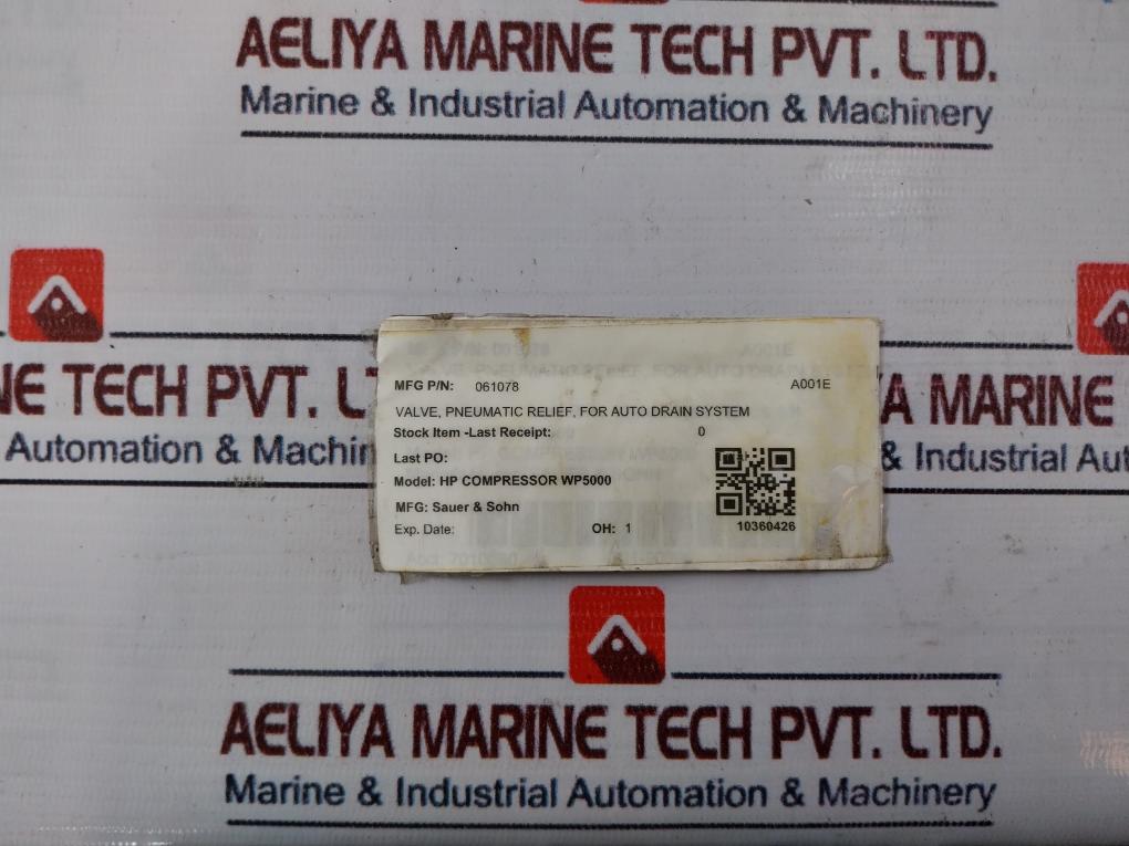 Sauer & Sohn HP COMPRESSOR WP5000 Pneumatic Relief Valve 061078