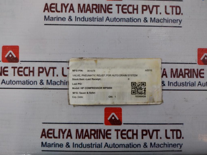 Sauer & Sohn HP COMPRESSOR WP5000 Pneumatic Relief Valve 061078