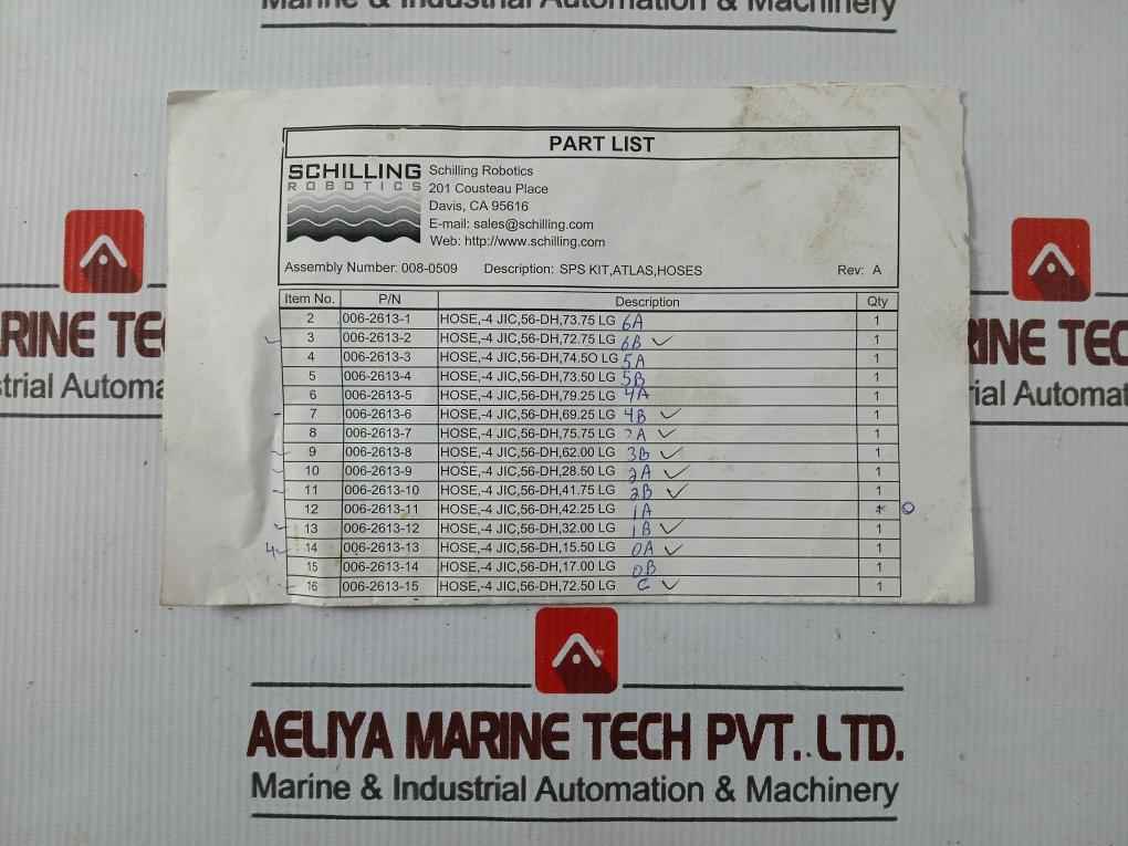 Schilling Robotics 008-0509 Hoses Sps Kit 006-2613-12 Rev A 0350277 (Incomplete)
