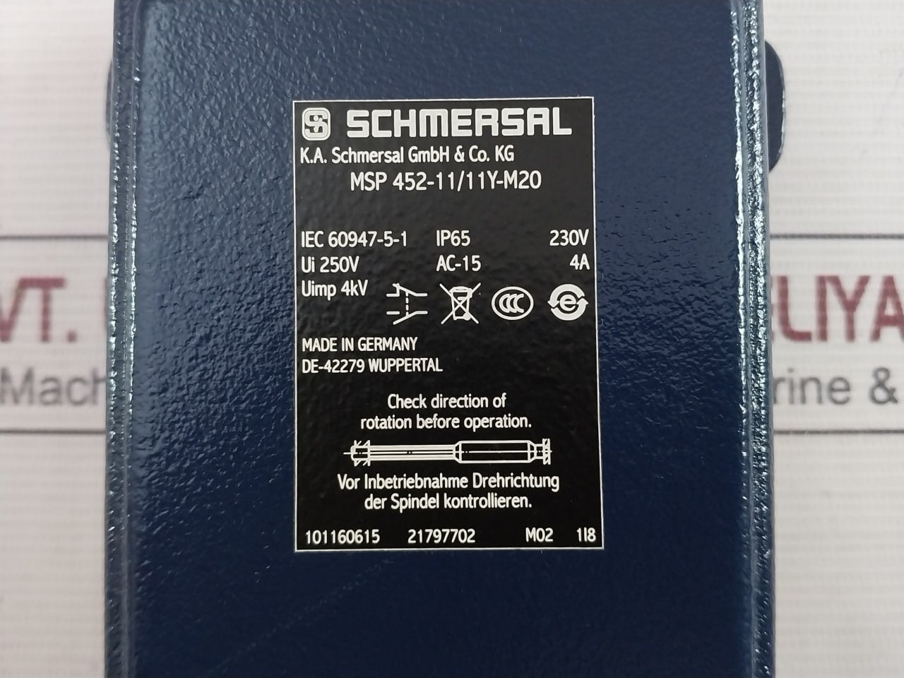 Schmersal Msp 452-11/11Y-m20 Rotatinig Spindle Limit Switch Ac-15 M02 Ip65 230V