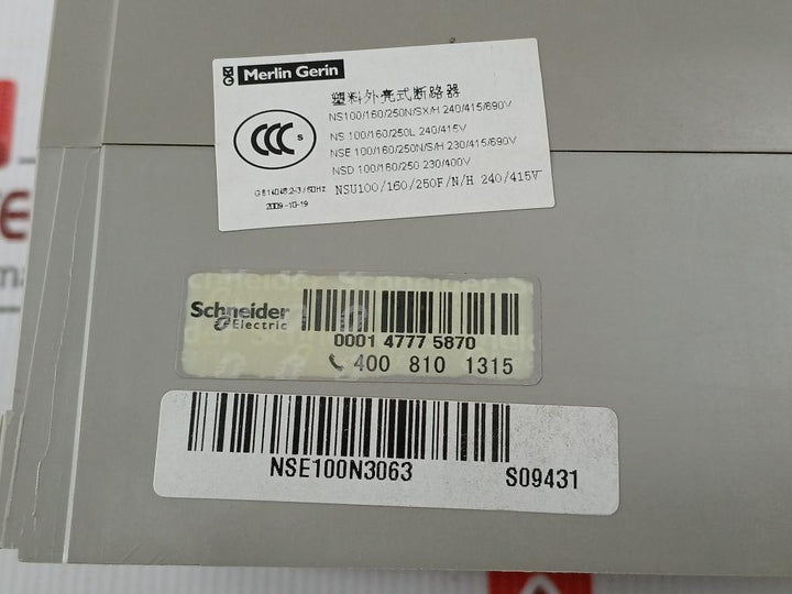 Schneider Electric 750V 50/60Hz Ompact Molded Case Circuit Breaker Nse100N3063