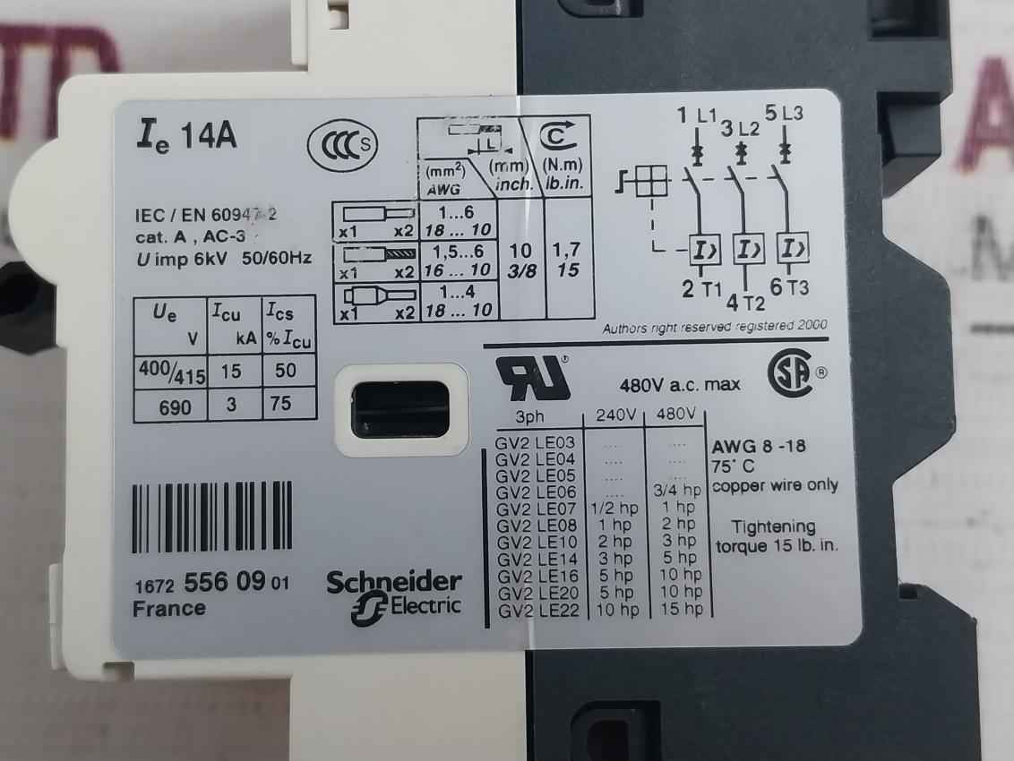 Schneider Electric Gv2-le16 Motor Circuit Breaker 480V Ac Max 50/60Hz