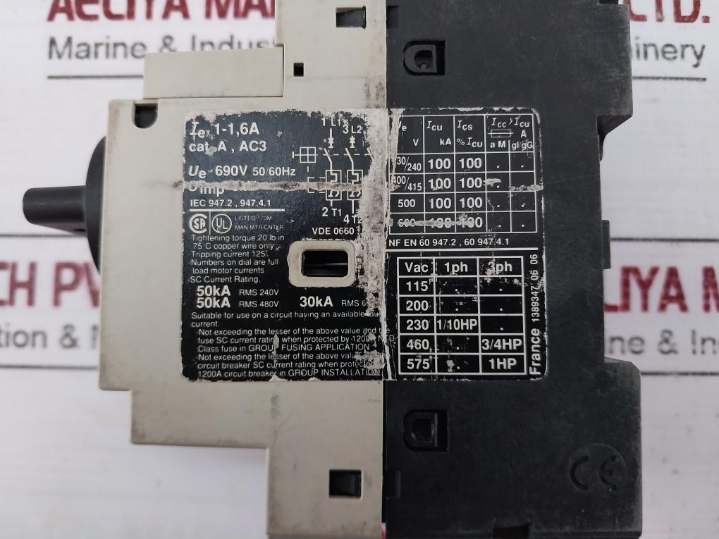 Schneider Electric Gv2-p06 Motor Circuit Breaker 690V 50/60Hz Iec 947-2, Iec 947-4-1